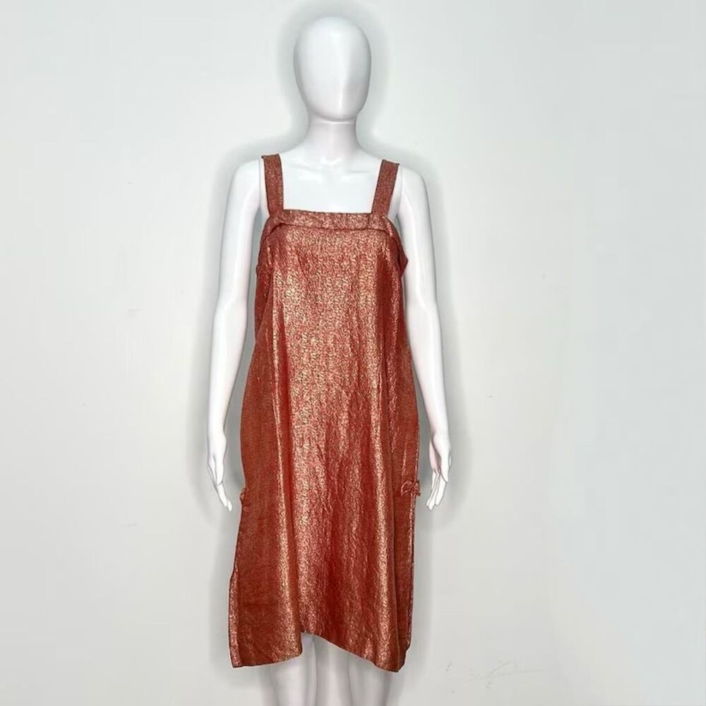 1920s metallic lamé embroidered drop waist dress w bows at hips size large